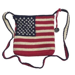 Y2K The SAK Purse American Flag Red White Blue Crochet Knit Bag  Logo FOB Charm